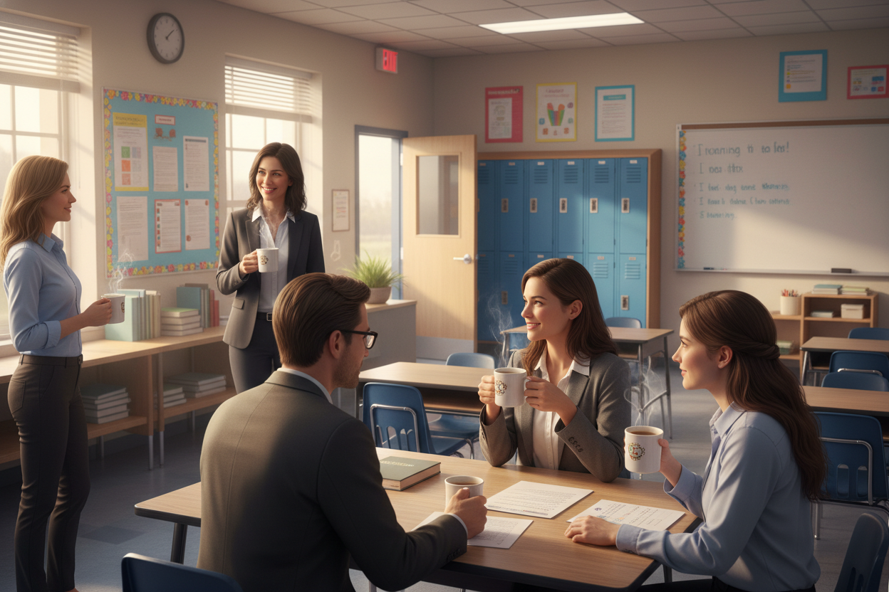 first bell getting ready to ring at school, teachers are drinking their coffee